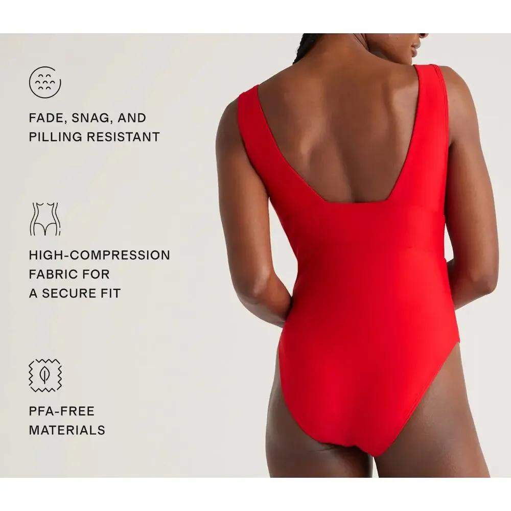 quince italian plunge one-piece swimsuit in cherry red, women various sizes